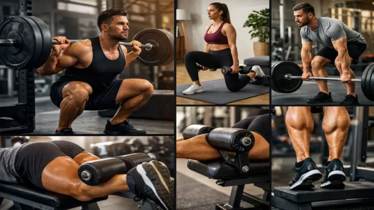 Athlète réalisant différents exercices de musculation des jambes en salle et à domicile, incluant squat, fentes bulgares, soulevé de terre roumain, leg curl et travail des mollets.