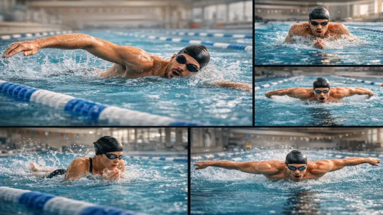 Nageurs en piscine intérieure pratiquant crawl, brasse et papillon à différentes intensités, illustrant la dépense calorique de la natation selon la nage et l’effort.