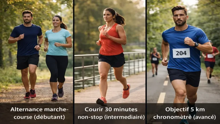 Coureurs de niveaux débutant, intermédiaire et avancé illustrant trois programmes de course à pied : alternance marche-course, courir 30 minutes en continu et objectif 5 km chronométré.