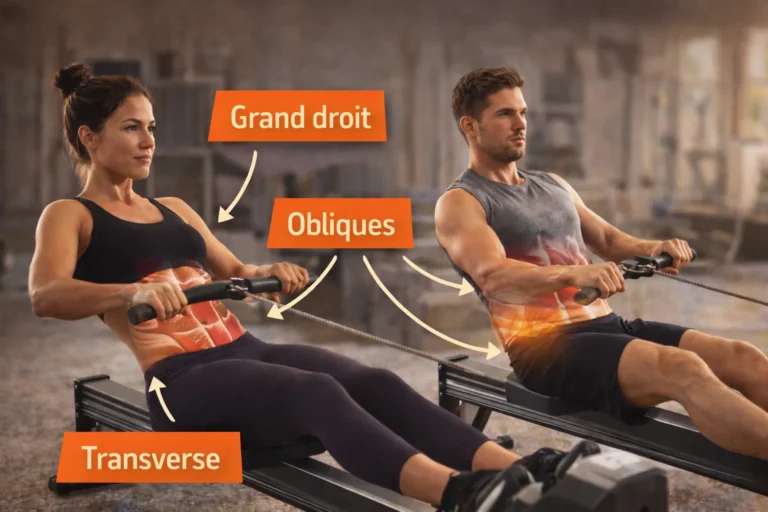 Homme et femme utilisant un rameur avec mise en évidence des muscles abdominaux sollicités pendant le mouvement, dont le grand droit, les obliques et le transverse.