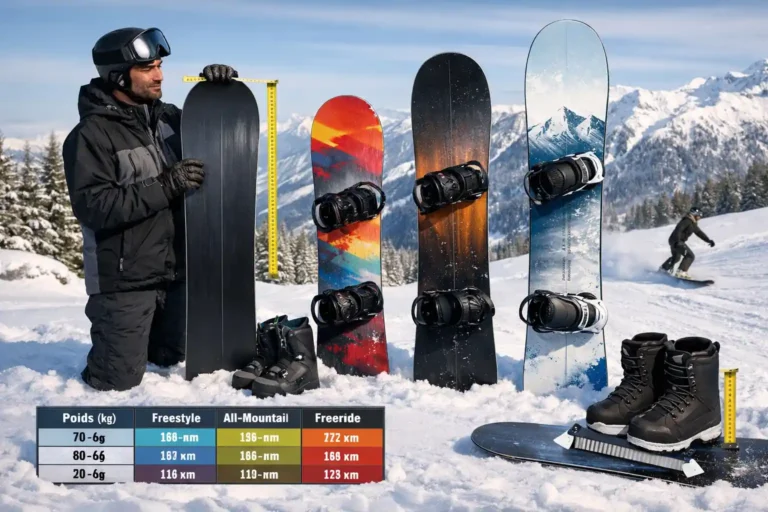 Snowboarder comparant différentes tailles de snowboards en station de montagne enneigée pour choisir la longueur adaptée selon le poids, le programme de ride et la pointure de boots.
