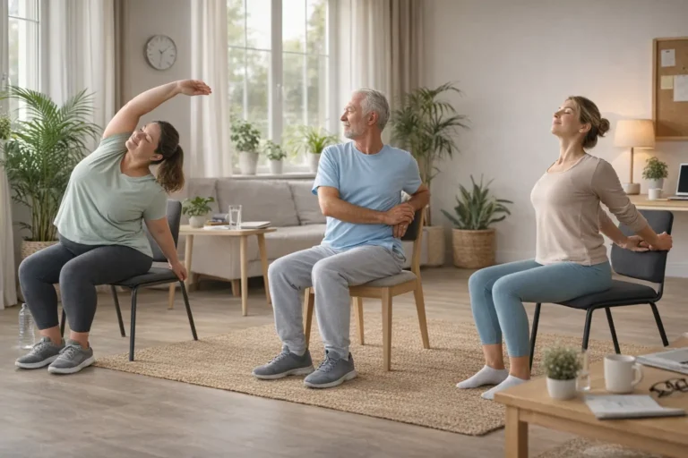Séance de yoga sur chaise en intérieur lumineux avec adultes et senior réalisant des postures assises pour améliorer la mobilité, la posture et réduire le stress.