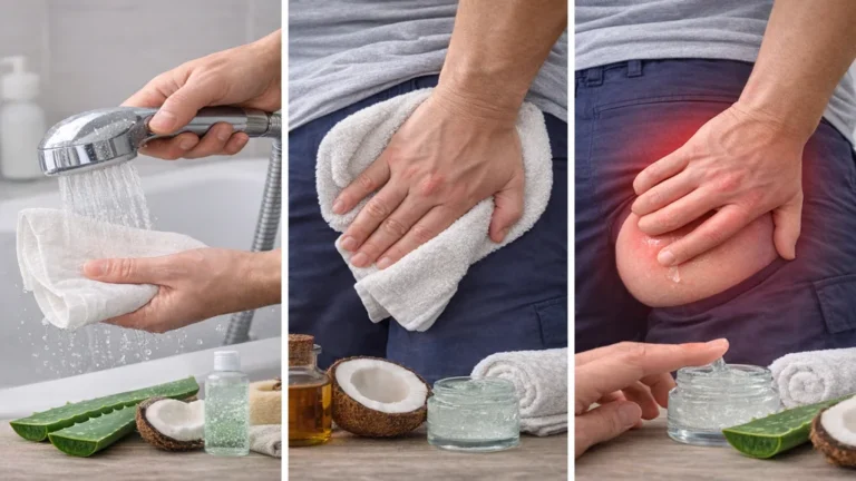Prurit anal soulagement naturel avec nettoyage à l’eau tiède, séchage délicat et application d’aloe vera ou huile de coco