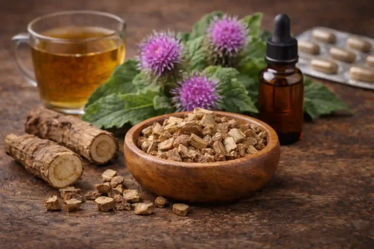Racine de bardane séchée accompagnée d’une tisane et de fleurs de bardane, illustrant une plante utilisée traditionnellement en phytothérapie pour la peau et le cuir chevelu