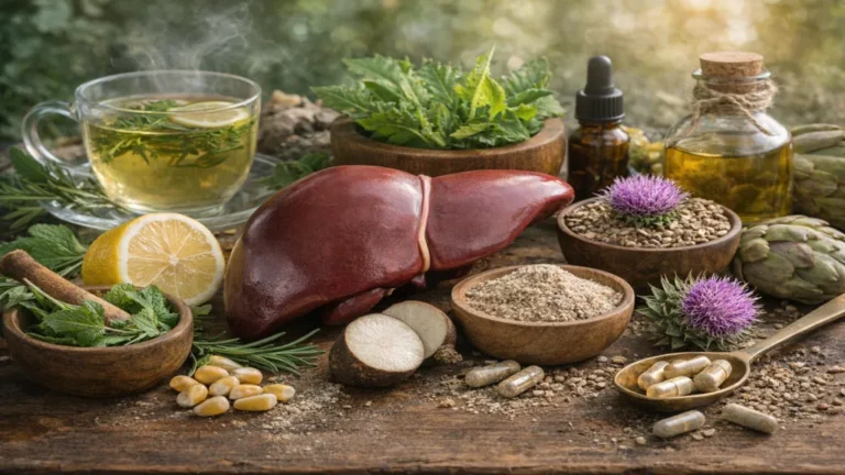 Représentation du foie entourée de plantes médicinales, citron, tisane et compléments naturels, illustrant les pratiques de bien-être et les précautions liées à la détox du foie
