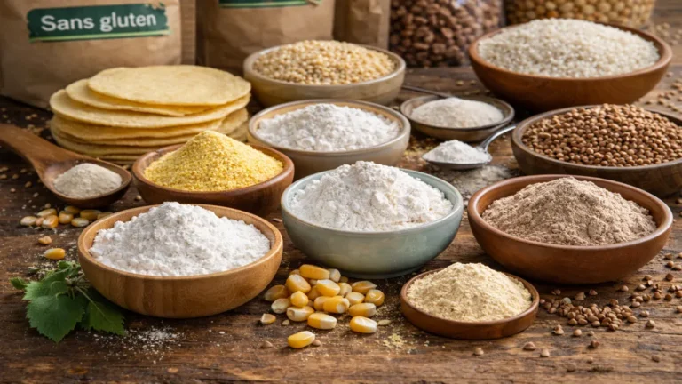 Assortiment de farines sans gluten sur une table en bois, incluant farine de riz, maïs, sarrasin, pois chiche et fécules, pour la préparation de recettes et pâtisseries sans gluten