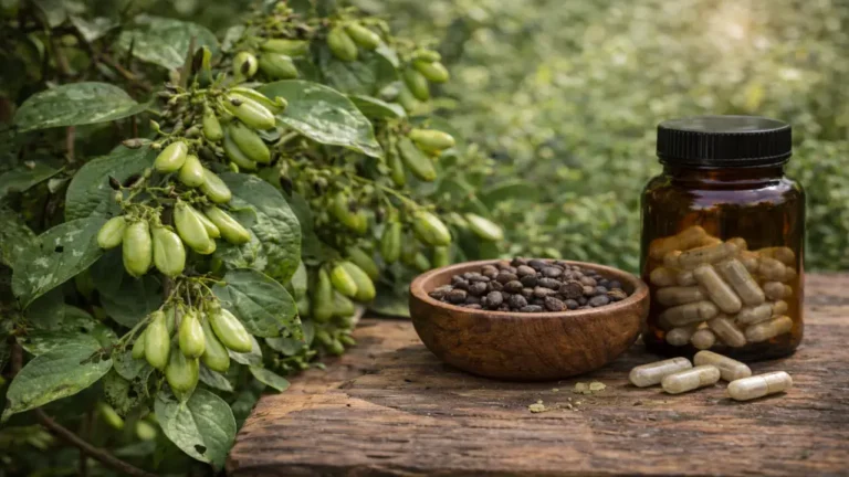 Griffonia simplicifolia avec ses gousses vertes sur la plante, graines de griffonia dans un bol en bois et gélules de 5-HTP, illustrant l’origine naturelle de ce complément utilisé pour l’humeur et le sommeil