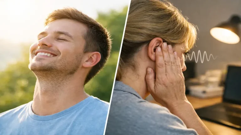 Personne apaisée retrouvant une vie normale face aux acouphènes, illustration réaliste du soulagement et de l’habituation aux sifflements d’oreille