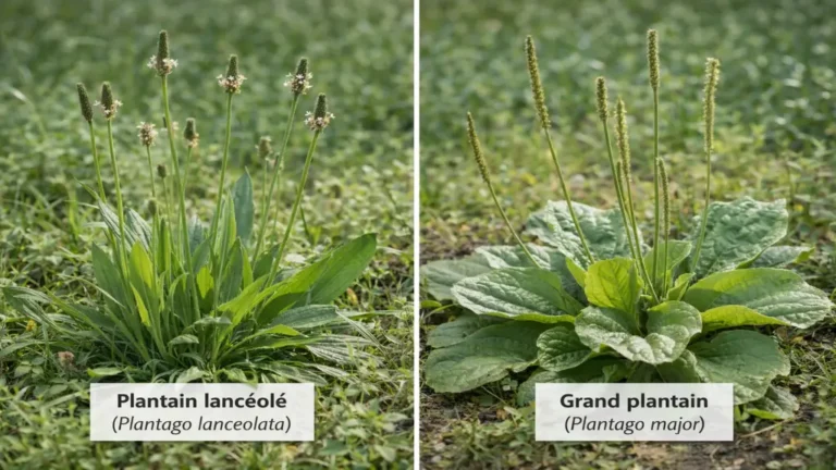Comparaison entre le plantain lancéolé (Plantago lanceolata) et le grand plantain (Plantago major), montrant leurs feuilles et épis floraux distincts, pour l’identification et les usages traditionnels de cette plante médicinale