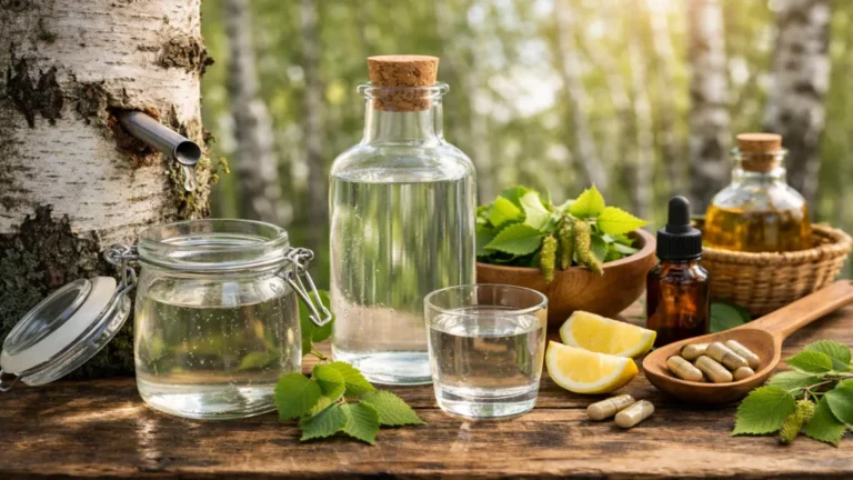 Sève de bouleau fraîche récoltée sur un tronc de bouleau au printemps, présentée dans des bouteilles et un verre en forêt, illustrant une cure naturelle de bien-être et de drainage